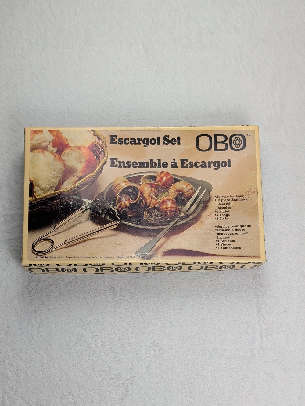 Vintage OBO Stainless Steel Escargot Plates Tongs Forks Set - Service for 4